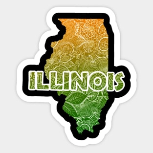 Colorful mandala art map of Illinois with text in green and orange Sticker